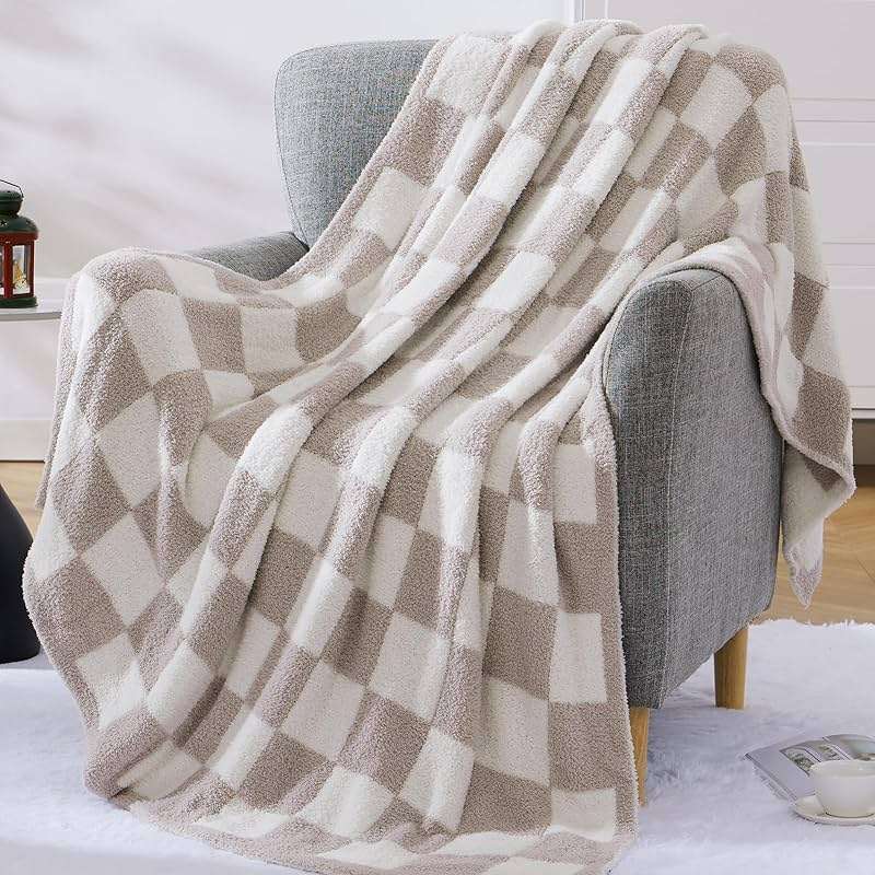 WRENSONGE Checkered Throw Blanket, Taupe Microfiber Soft Cozy Fluffy Warm Hand Made Throw Blankets for Couch, Sofa, Chair, Bed, Camping, Picnic, Travel Lightweight Bed Blanket - 50"*70" - Image 5