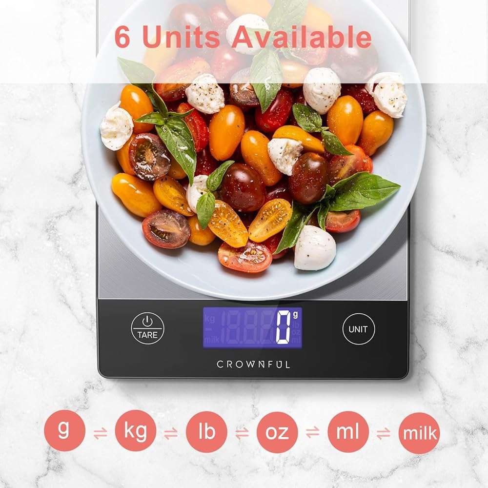CROWNFUL Food Scale, 33lb Rechargeable 304 Stainless Steel Digital Kitchen Scale Weight Grams and Ounces with LCD Display and Type-C Charging for Meal Prep, Baking and Cooking - Image 5