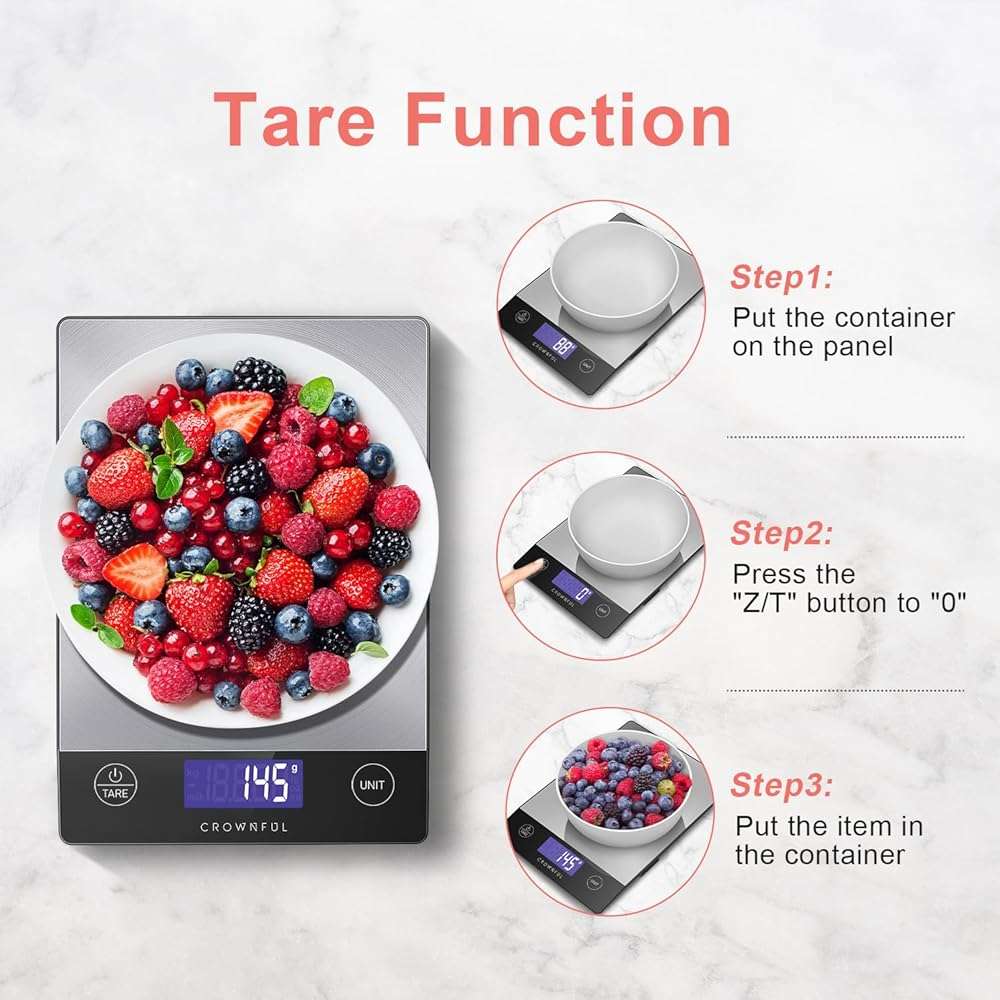 CROWNFUL Food Scale, 33lb Rechargeable 304 Stainless Steel Digital Kitchen Scale Weight Grams and Ounces with LCD Display and Type-C Charging for Meal Prep, Baking and Cooking - Image 6