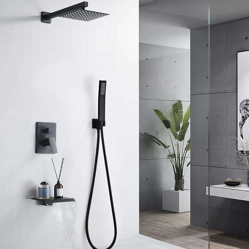 RTOBWEYE 8 Inch Shower Faucet Set, Rainfall Shower System with High Pressure Handheld Shower Head, Bathroom Mixer Shower Set Wall Mounted Rough-in Valve and Trim Kit, with Tub Spout - Image 2