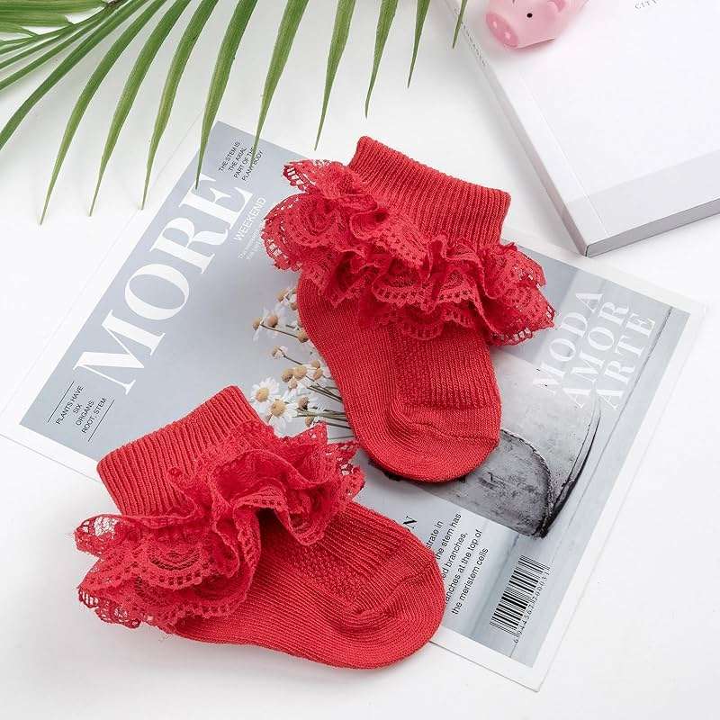 AQOKKA Baby Girls Socks Eyelet Ruffle Frilly Lace Summer Thin Dress Socks for Newborn Infant Toddler Kids - Image 4