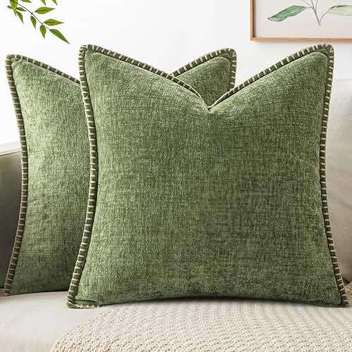 MIULEE Pack of 2 Couch Throw Pillow Covers 18x18 Inch Sage Green Farmhouse Decorative Pillow Covers with Stitched Edge Soft Chenille Solid Dyed Summer Pillow Covers for Sofa Bed Living Room - Image 1