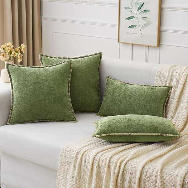 MIULEE Pack of 2 Couch Throw Pillow Covers 18x18 Inch Sage Green Farmhouse Decorative Pillow Covers with Stitched Edge Soft Chenille Solid Dyed Summer Pillow Covers for Sofa Bed Living Room - Image 2