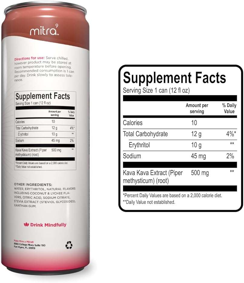 Mitra9 | Paradise Lychee Kava Seltzer - Sparkling Relaxation Drink | 4-Pack | Non-Alcoholic Alcohol Alternative | 500mg Kava Root Extract | Low Calorie, Plant Based Stress Relief | 12 fl oz Cans - Image 2