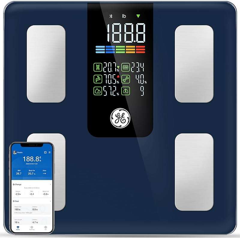 GE Smart Scale for Body Weight, BMI, Fat, Muscle Mass, Digital Bathroom Scales 500lbs Bluetooth 11.8" Large Platform Weighing Machine Health Monitor with App, Dark Blue - Image 1