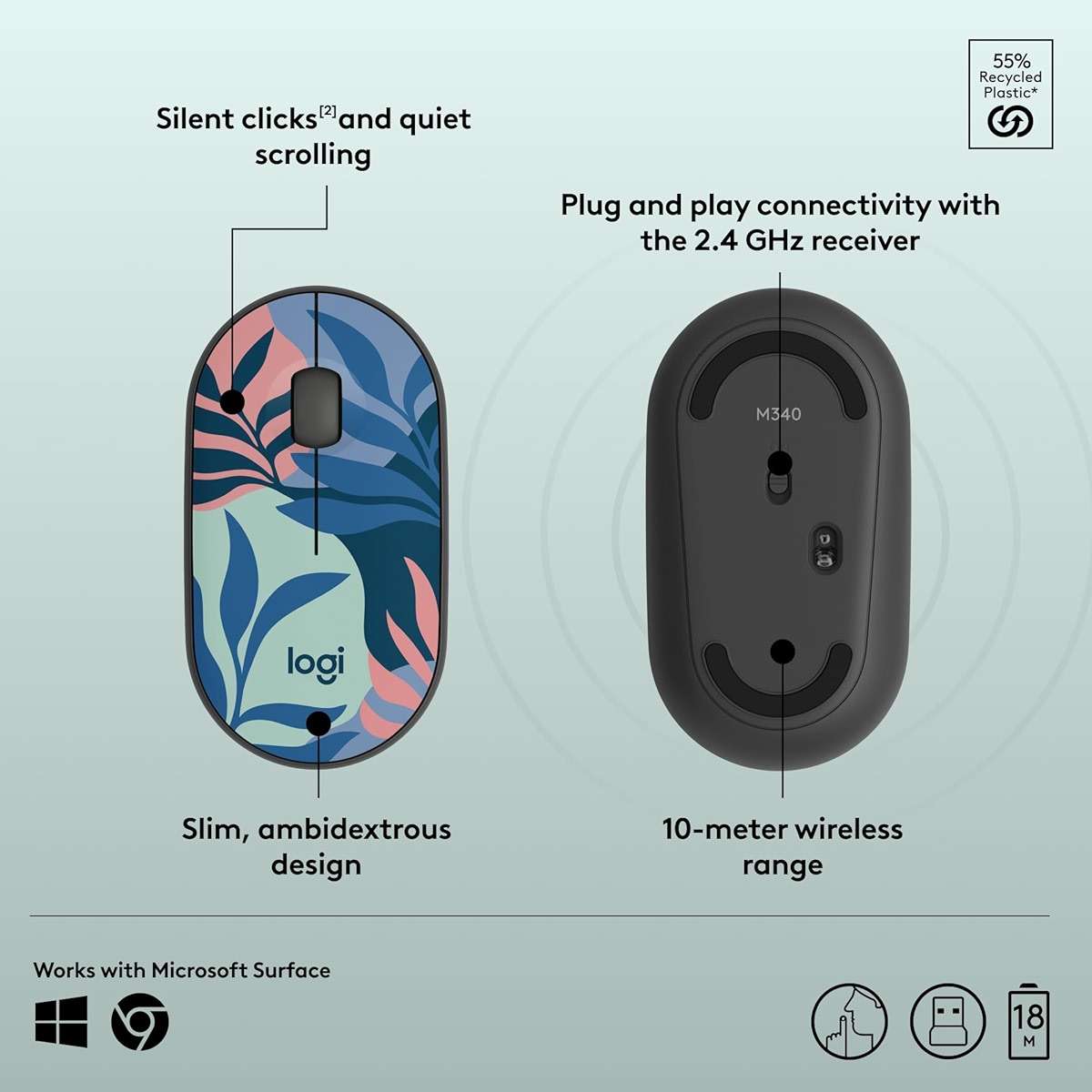 Logitech M340 Wireless Mouse with Limited Edition Prints, USB Receiver and Silent Clicks, Portable Wireless Mouse for Laptop, PC, Windows, Chrome, Surface – Floral Leaves - Image 6