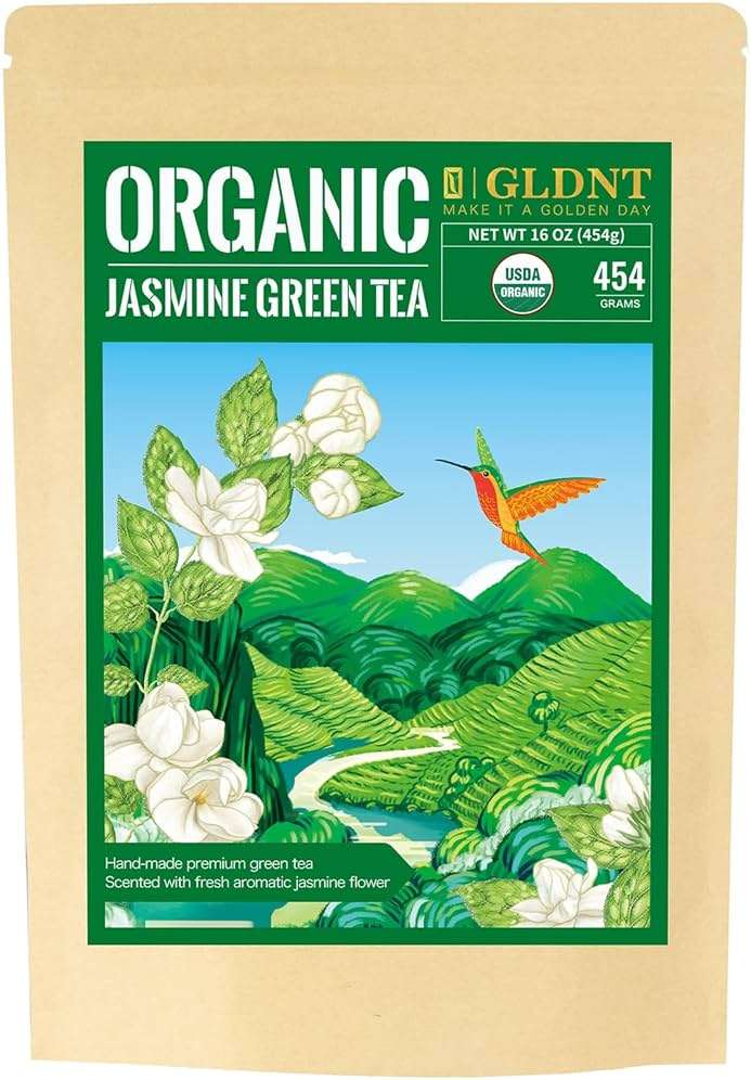 GLDNT Organic Jasmine Green Tea, Organic Jasmine Green Tea Loose leaf with Delightful Aroma, Delicate and smooth Flavor, Hot & Iced Tea, 16 Ounce - Image 1
