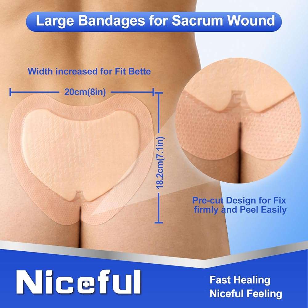 Niceful Sacral Silicone Foam Dressing, Sacrum Bed Sore Bandages for Large Wound 7.1"x 8"(5PCS) - Image 2
