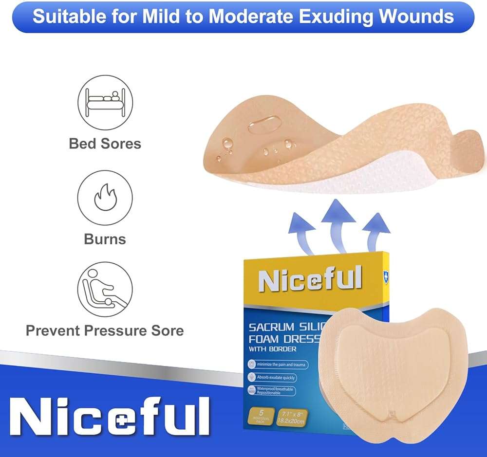 Niceful Sacral Silicone Foam Dressing, Sacrum Bed Sore Bandages for Large Wound 7.1"x 8"(5PCS) - Image 4