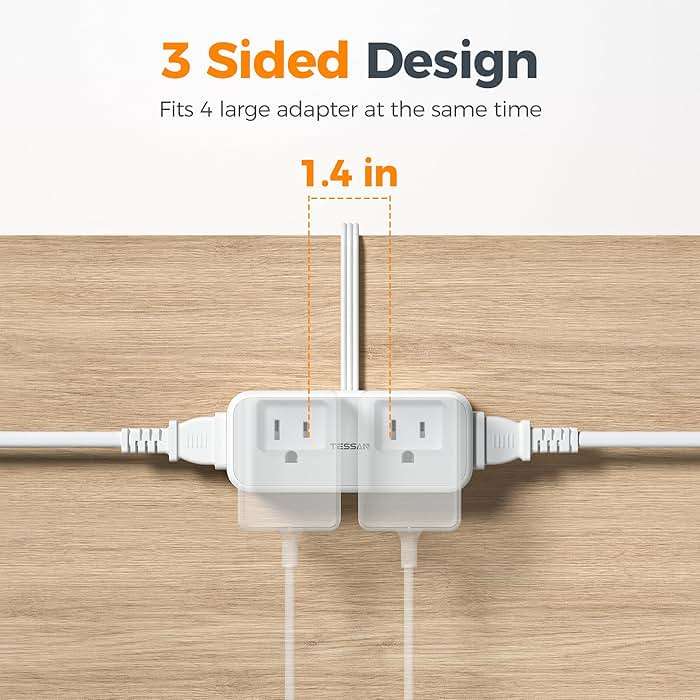 TESSAN Short Extension Cord 0.5Ft, Flat Plug Outlet Extender Surge Protector with 4 Widely AC with 3 USB Ports (1 USB C), Multi Plug Small Power Strip for Travel, Home Office College Dorm Essentials - Image 7