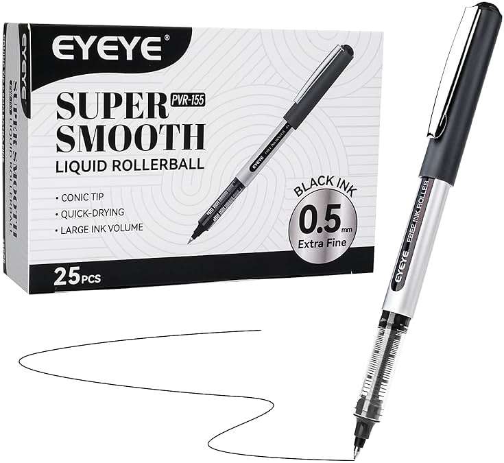 EYEYE 0.5mm Black Rollerball Pens 25 Pack, Extra Fine Point Roller Ball Pen Quick Dry, Liquid Ink Pens Fine Point Smooth Writing Pen for Journaling, Note Taking, Office, School Supplies - Image 1