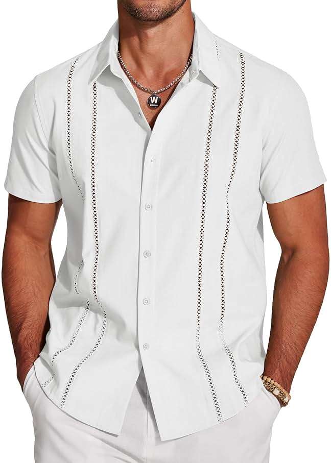 COOFANDY Men's Cuban Guayabera Shirt Short Sleeve Button Down Shirts Casual Summer Beach Linen Shirts - Image 1