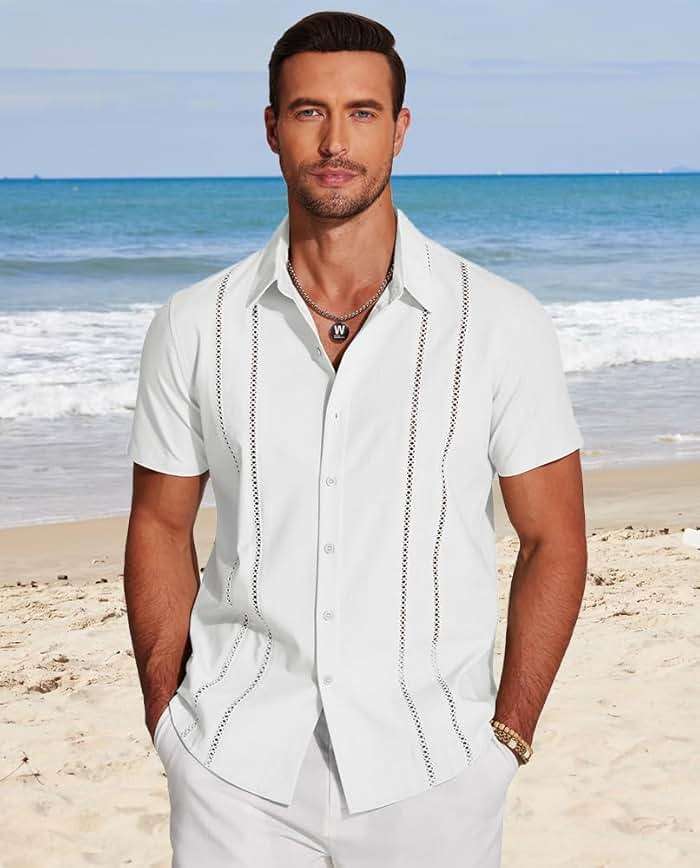 COOFANDY Men's Cuban Guayabera Shirt Short Sleeve Button Down Shirts Casual Summer Beach Linen Shirts - Image 2
