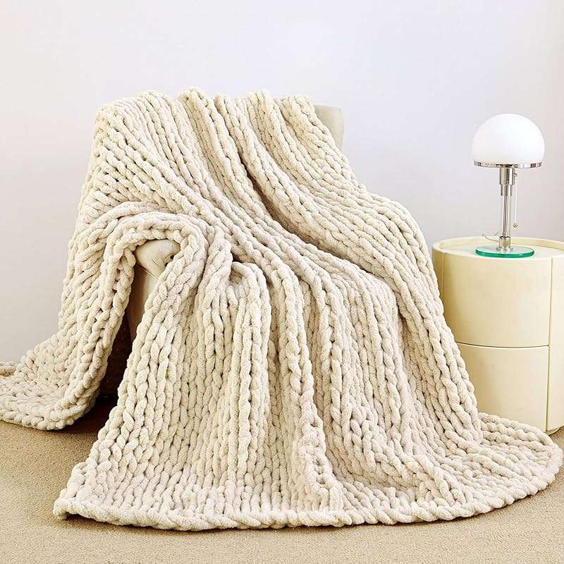 Admitrack Chunky Knit Blanket Throw 51"x63", 100% Hand Knit Chenille Throw Blanket for Sofa & Home Decor, Soft and Cozy Knitted Throw Blankets (Ivory，51"x63") - Image 1