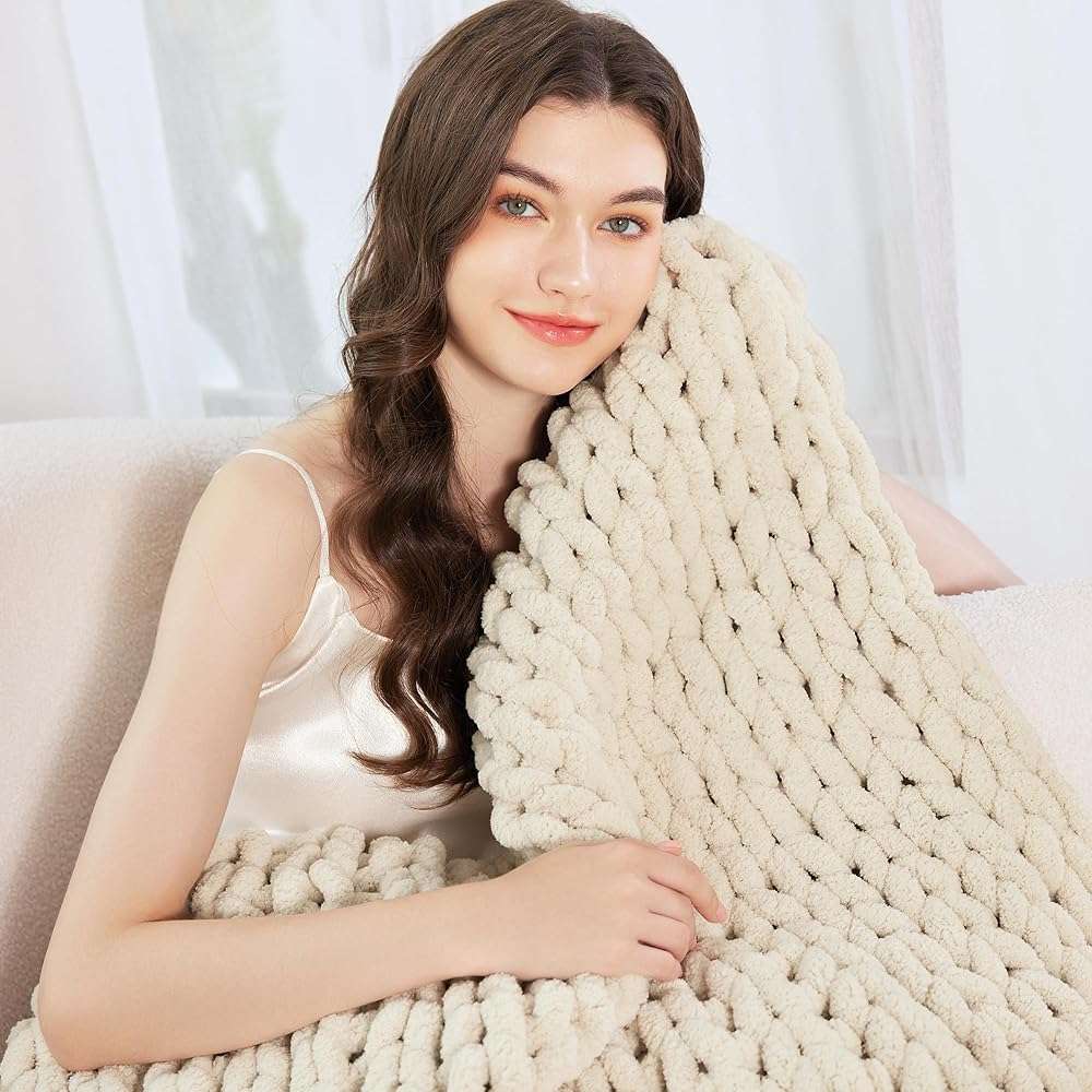 Admitrack Chunky Knit Blanket Throw 51"x63", 100% Hand Knit Chenille Throw Blanket for Sofa & Home Decor, Soft and Cozy Knitted Throw Blankets (Ivory，51"x63") - Image 3
