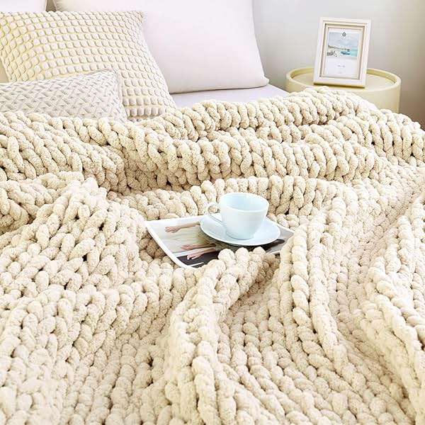 Admitrack Chunky Knit Blanket Throw 51"x63", 100% Hand Knit Chenille Throw Blanket for Sofa & Home Decor, Soft and Cozy Knitted Throw Blankets (Ivory，51"x63") - Image 4