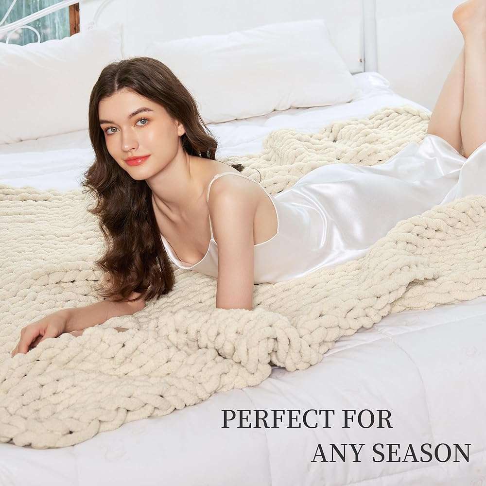 Admitrack Chunky Knit Blanket Throw 51"x63", 100% Hand Knit Chenille Throw Blanket for Sofa & Home Decor, Soft and Cozy Knitted Throw Blankets (Ivory，51"x63") - Image 5