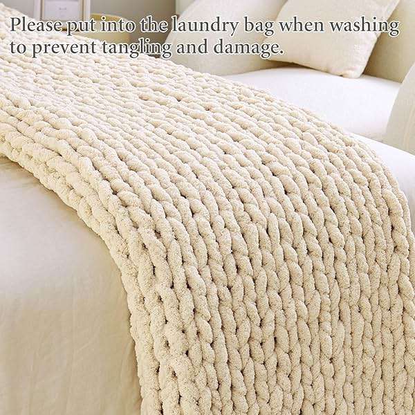 Admitrack Chunky Knit Blanket Throw 51"x63", 100% Hand Knit Chenille Throw Blanket for Sofa & Home Decor, Soft and Cozy Knitted Throw Blankets (Ivory，51"x63") - Image 6