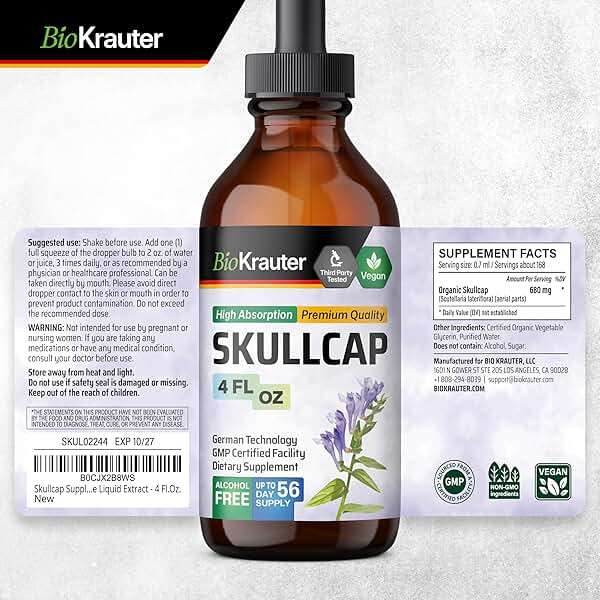 BIO KRAUTER® Skullcap Tincture for Calm & Relaxation - Liquid Skullcap Herb 4 Fl.Oz 56 Days of Supply - Pure & Vegan Sleep Supplement - Calm Drops 680 mg per Serving Alcohol & Sugar Free - Image 8