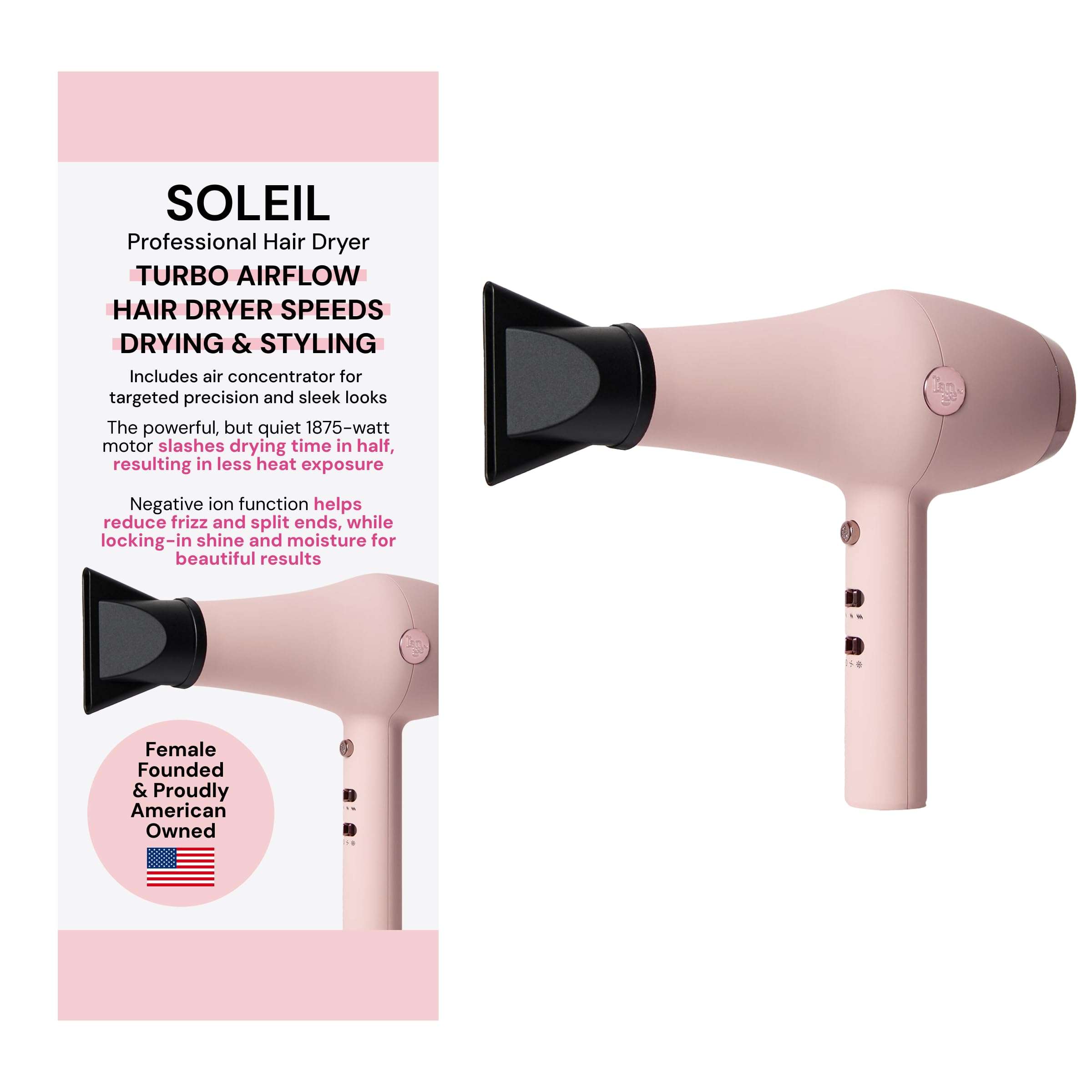 L’Ange Hair Soleil Professional Hair Dryer | Fast Drying Ionic Blow Dryer for Frizz-Free Results | 3 Heat Settings with Cool Shot Feature | Lightweight Hairdryer with Concentrator 1875W | Blush - Image 1