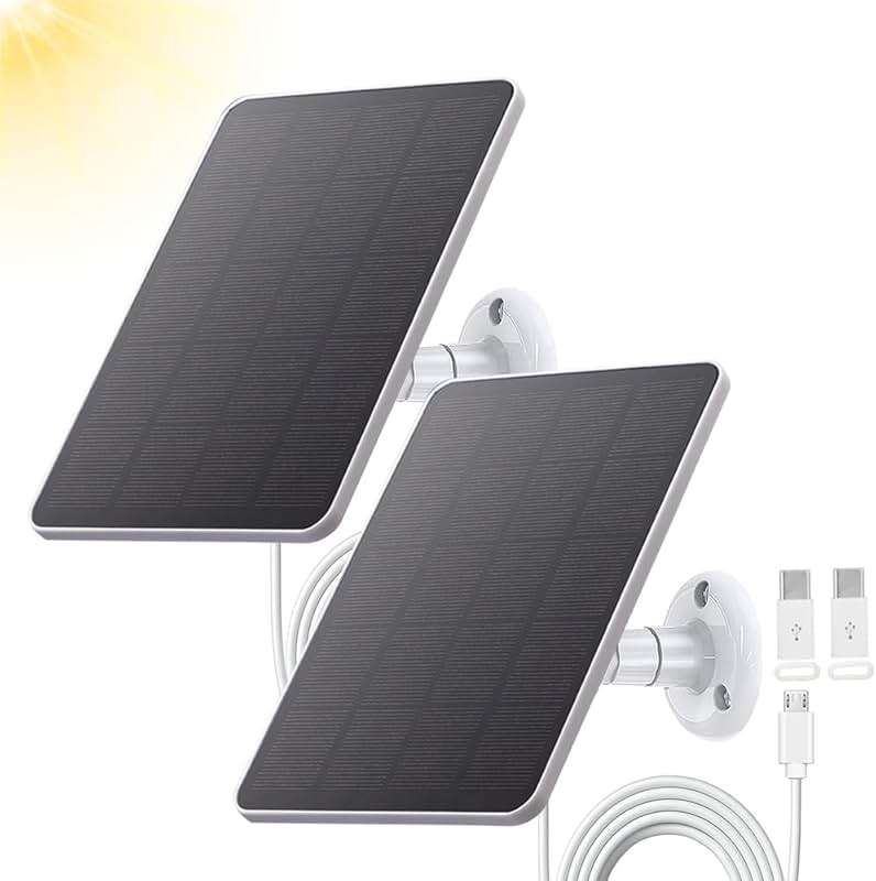 2 Pack Solar Panel Compatible with WYZE Battery Cam Pro, EufyCam 2C/2C Pro, 4W 5V Solar Panel with 10ft Micro USB Charging Cable for Outdoor Battery Camera, Tpye C Adapter, Adjustable Wall Mount - Image 1
