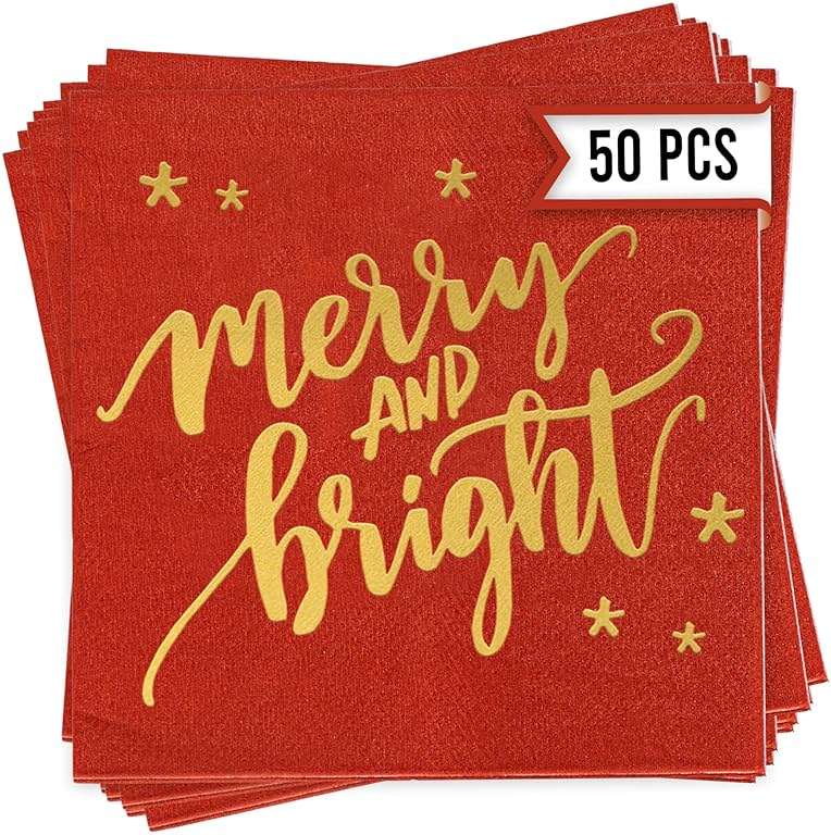 Christmas Napkins – 52 Pack Christmas Party Decorations with “Merry and Bright” Design – Friendmas Napkins for Holiday Table, Friends Gatherings, and Festive Celebrations - Image 1