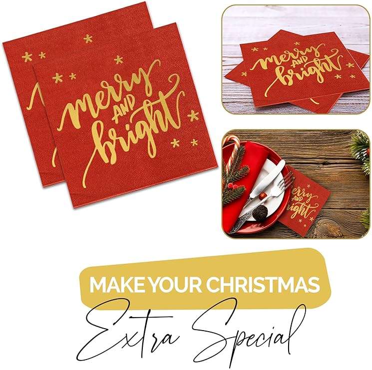 Christmas Napkins – 52 Pack Christmas Party Decorations with “Merry and Bright” Design – Friendmas Napkins for Holiday Table, Friends Gatherings, and Festive Celebrations - Image 5