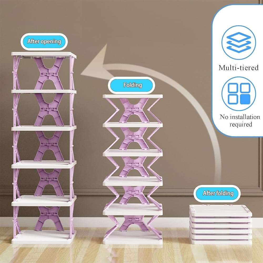 HUYFGDYSA 6 Tier Kids Shoe Rack, Collapsible Shoe Rack for Kids' Rooms, Foldable Vertical Shoe Organizer for Front Door Entrance, Compact Shoe Storage Shelf for Narrow Spaces - Image 3