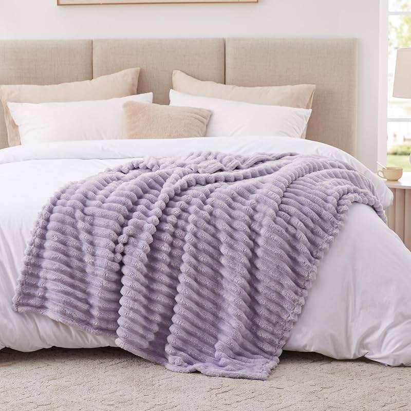EXQ Home Fleece Throw Blanket for Couch or Bed - 3D Stripe Jacquard Decorative Blankets - Cozy Soft Lightweight Fuzzy Flannel Blanket Suitable for All Seasons(50"×60",Light Purple) - Image 3