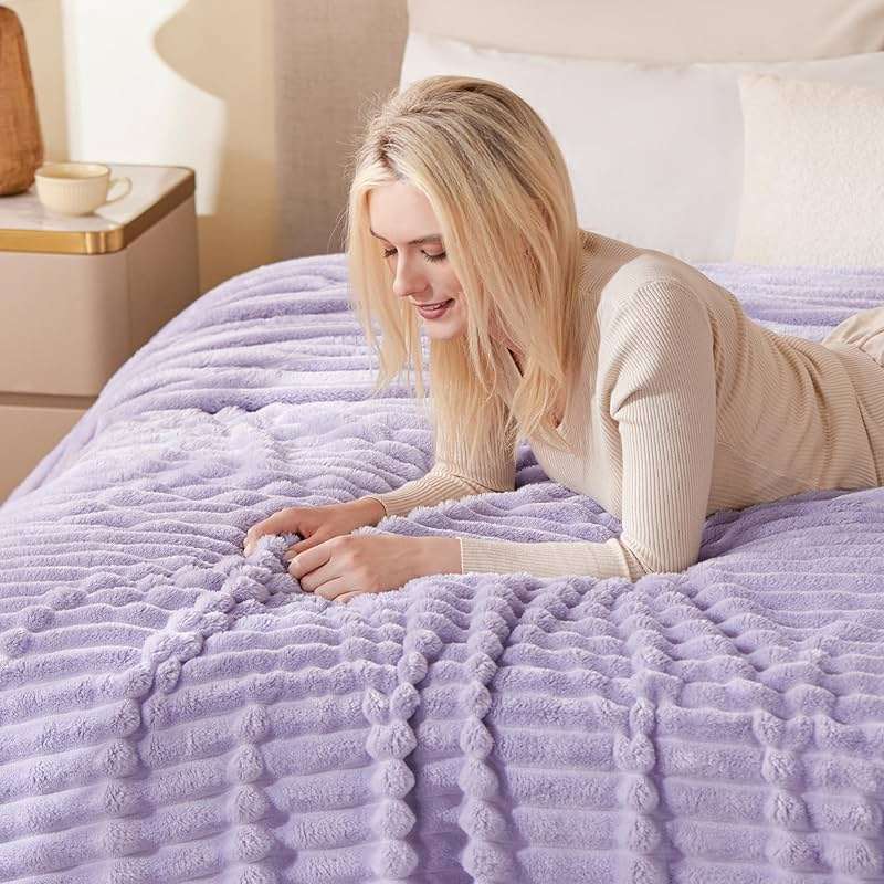 EXQ Home Fleece Throw Blanket for Couch or Bed - 3D Stripe Jacquard Decorative Blankets - Cozy Soft Lightweight Fuzzy Flannel Blanket Suitable for All Seasons(50"×60",Light Purple) - Image 4