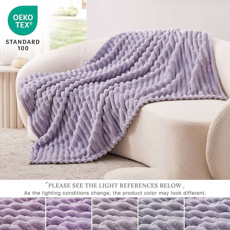 EXQ Home Fleece Throw Blanket for Couch or Bed - 3D Stripe Jacquard Decorative Blankets - Cozy Soft Lightweight Fuzzy Flannel Blanket Suitable for All Seasons(50"×60",Light Purple) - Image 6