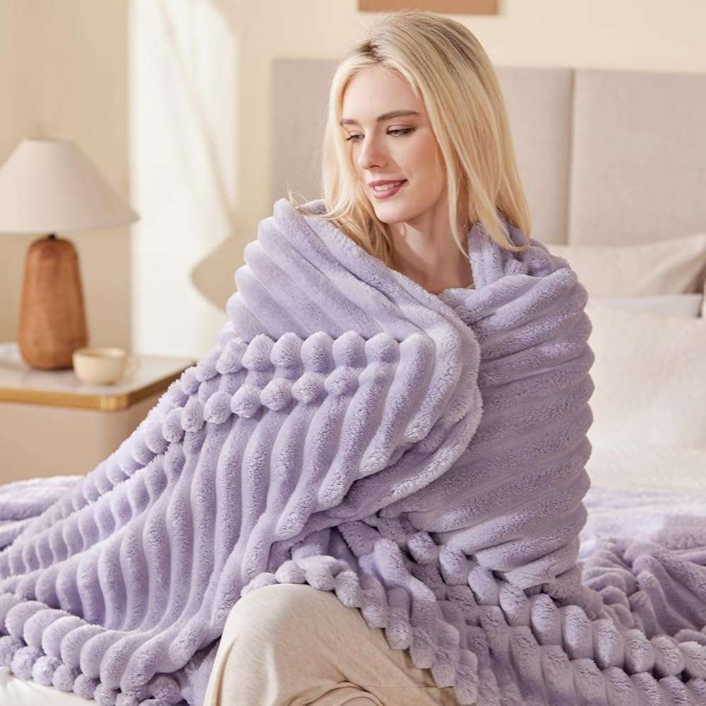 EXQ Home Fleece Throw Blanket for Couch or Bed - 3D Stripe Jacquard Decorative Blankets - Cozy Soft Lightweight Fuzzy Flannel Blanket Suitable for All Seasons(50"×60",Light Purple) - Image 8