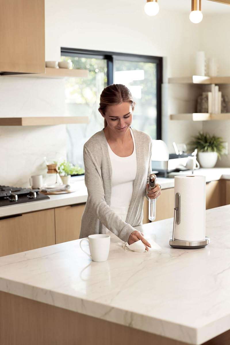 simplehuman Paper Towel Holder with Spray, All-in-One Countertop Paper Towel and Cleaner Dispenser, 6 oz Refillable Pump, One-Handed Tear, Weighted Base, Brushed Stainless Steel - Image 2