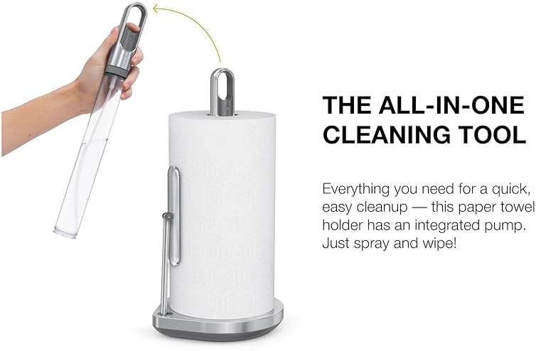 simplehuman Paper Towel Holder with Spray, All-in-One Countertop Paper Towel and Cleaner Dispenser, 6 oz Refillable Pump, One-Handed Tear, Weighted Base, Brushed Stainless Steel - Image 4