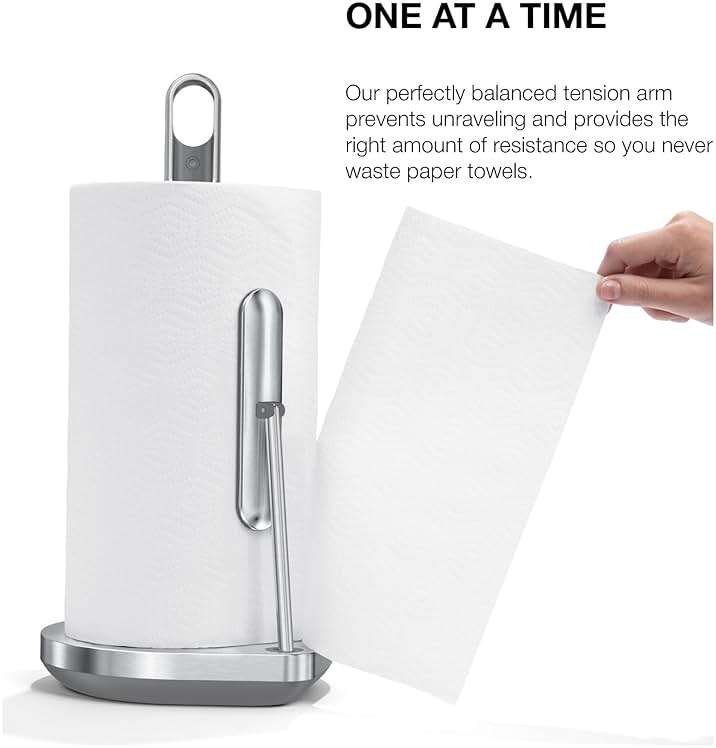 simplehuman Paper Towel Holder with Spray, All-in-One Countertop Paper Towel and Cleaner Dispenser, 6 oz Refillable Pump, One-Handed Tear, Weighted Base, Brushed Stainless Steel - Image 6