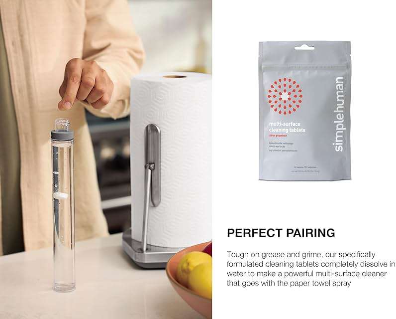 simplehuman Paper Towel Holder with Spray, All-in-One Countertop Paper Towel and Cleaner Dispenser, 6 oz Refillable Pump, One-Handed Tear, Weighted Base, Brushed Stainless Steel - Image 8
