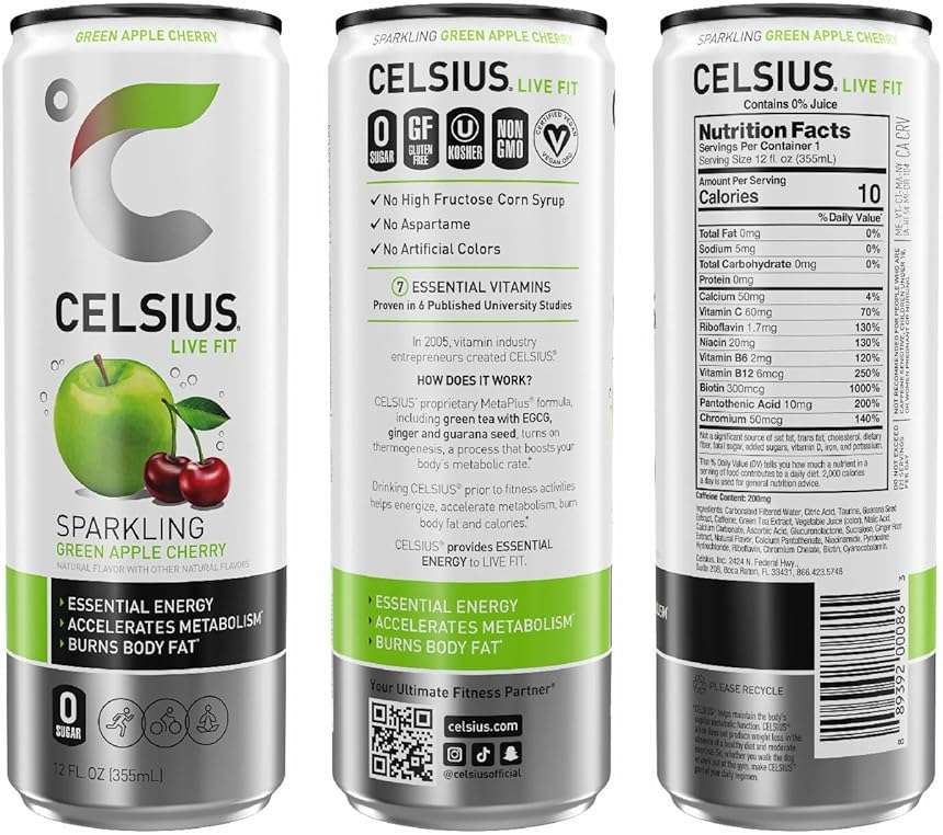 Celsius Green Apple Cherry 12oz - Image 3