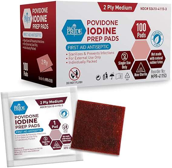 MED PRIDE Individually Wrapped Iodine Wipes, 10% Povidone Iodine Prep Pads, Alcohol-Free Antiseptic for Wounds (100 Count) - Image 1