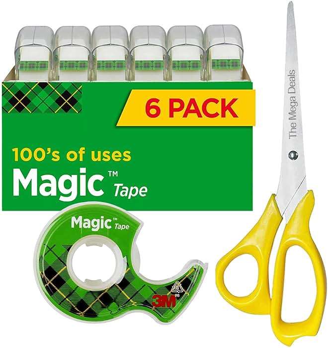 The Mega Deals Magic Tape 6 Packs Clear Tape, Magic Tape with Dispensers, Invisible Tape ¾ x 300 Inches, and a 8 Inch All Purpose Scissors (Gift Pack) - Image 1