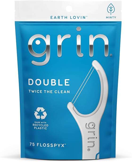 GRIN Double Flosspyx, Floss Picks, 75 Count, Dental Flossers, Minty Flavor, Recycled Plastic, 2 Lines of Strong Floss, Longer Floss Head, Traps Food and Plaque, Includes Safe Soft Fold-Back Tooth Pick - Image 1