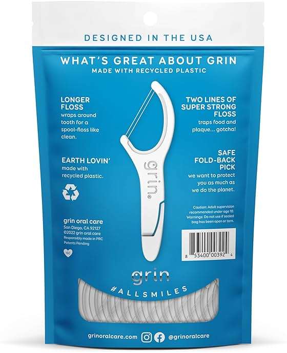 GRIN Double Flosspyx, Floss Picks, 75 Count, Dental Flossers, Minty Flavor, Recycled Plastic, 2 Lines of Strong Floss, Longer Floss Head, Traps Food and Plaque, Includes Safe Soft Fold-Back Tooth Pick - Image 2
