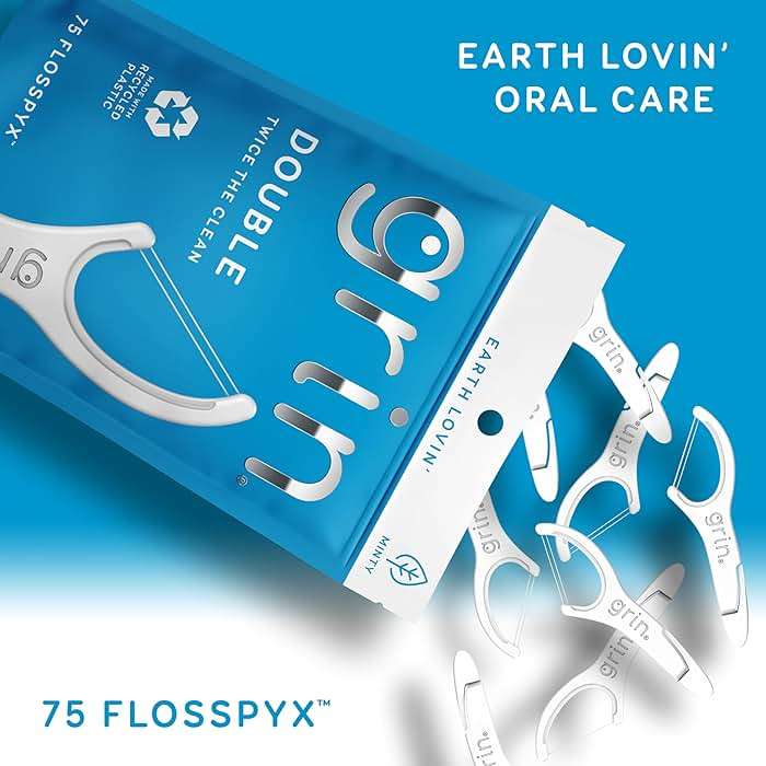 GRIN Double Flosspyx, Floss Picks, 75 Count, Dental Flossers, Minty Flavor, Recycled Plastic, 2 Lines of Strong Floss, Longer Floss Head, Traps Food and Plaque, Includes Safe Soft Fold-Back Tooth Pick - Image 3