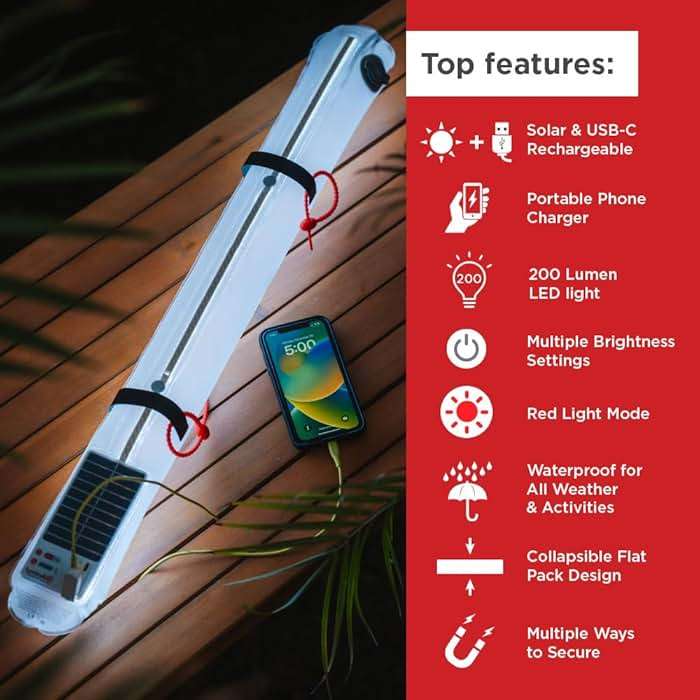 LuminAID Solar Beam with Phone Charger - Shatterproof & Waterproof Inflatable Tube Lantern with 300 Lumens of Bright LED - Perfect for Camping, Backpacking, Hiking, Emergency - Image 2