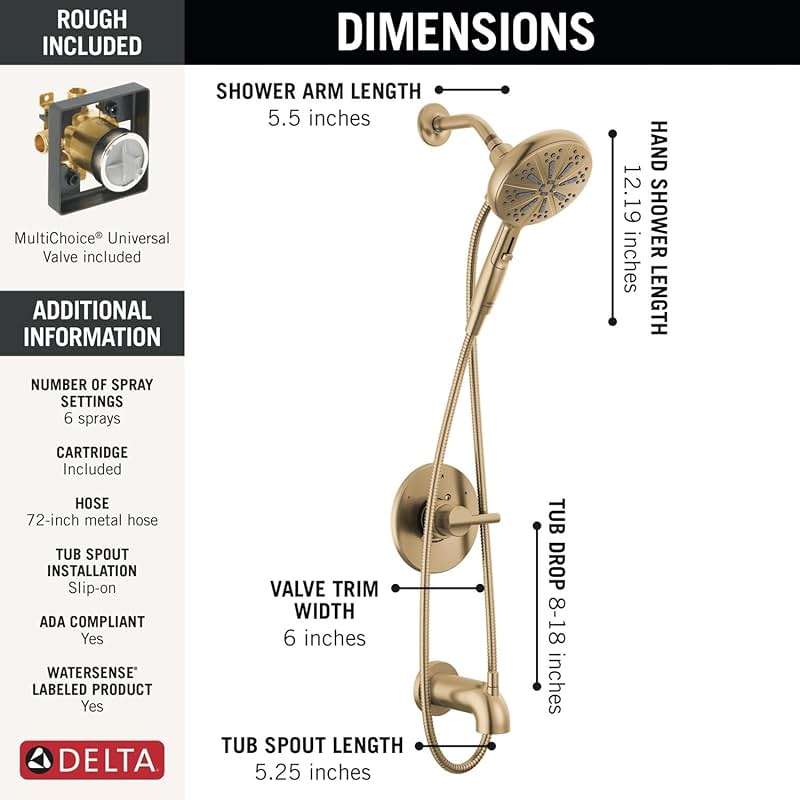 Delta Nicoli 14 Series Brushed Gold Bathtub Shower Faucet Set with Handheld Shower Head, Valve Trim Kit, Champagne Bronze 144749-CZ-HS (Valve Included) - Image 3