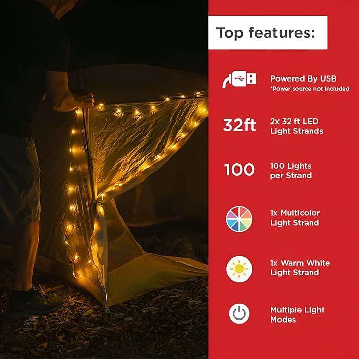 LuminAID LED String Lights - 2-Pack of 32ft USB Lights with 100 LED Bulbs per Strand - Warm White and Multicolor with 8 Modes - Perfect for Camping, Backyard, Patio, Power Outages, Indoor & Outdoor - Image 2