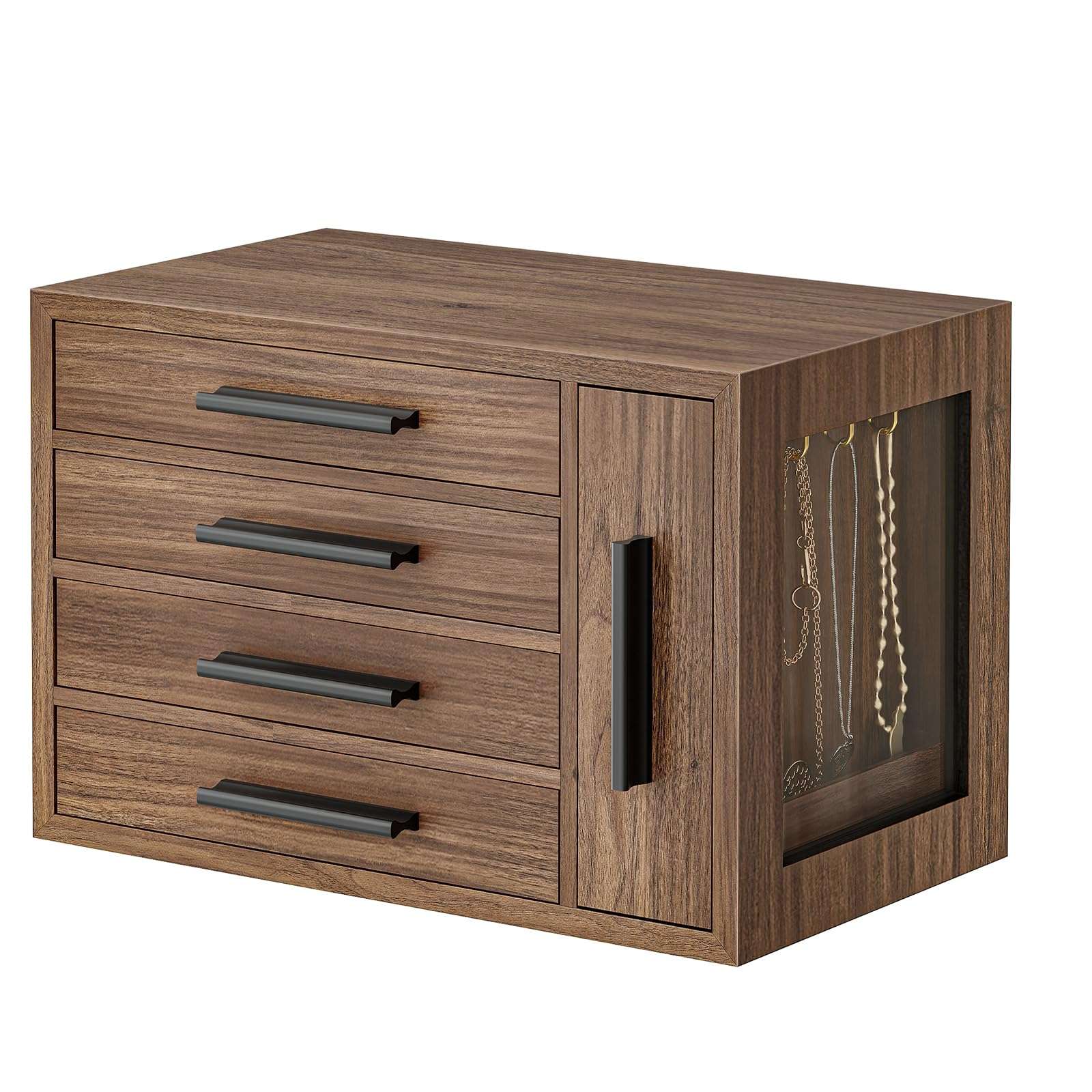 HOOBRO Jewelry Box for Women, Wooden Jewelry Organizer with Transparent Window, 4-Layer Jewelry Organizer Box, Jewelry Holder Organizer for Earrings, Necklaces, Rings, Walnut and Black BH09JB04 - Image 1