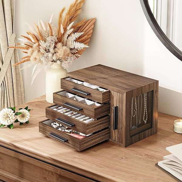 HOOBRO Jewelry Box for Women, Wooden Jewelry Organizer with Transparent Window, 4-Layer Jewelry Organizer Box, Jewelry Holder Organizer for Earrings, Necklaces, Rings, Walnut and Black BH09JB04 - Image 2