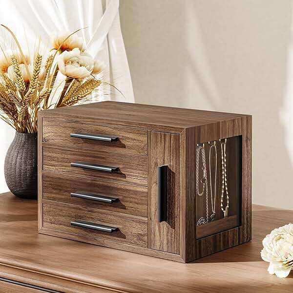 HOOBRO Jewelry Box for Women, Wooden Jewelry Organizer with Transparent Window, 4-Layer Jewelry Organizer Box, Jewelry Holder Organizer for Earrings, Necklaces, Rings, Walnut and Black BH09JB04 - Image 4