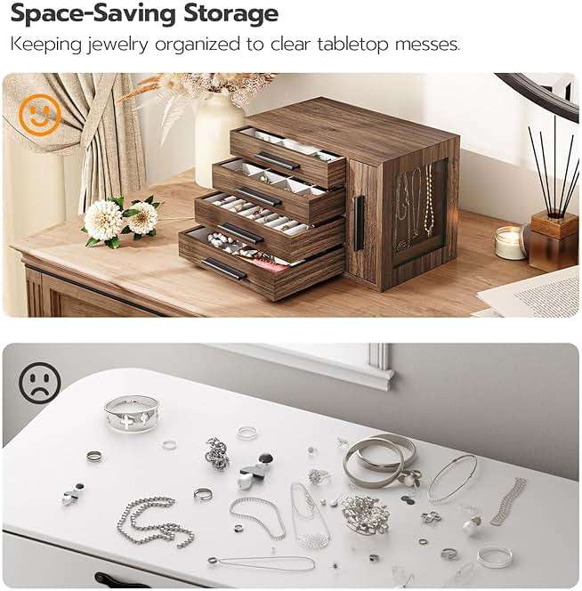 HOOBRO Jewelry Box for Women, Wooden Jewelry Organizer with Transparent Window, 4-Layer Jewelry Organizer Box, Jewelry Holder Organizer for Earrings, Necklaces, Rings, Walnut and Black BH09JB04 - Image 8