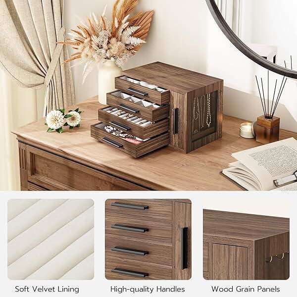 HOOBRO Jewelry Box for Women, Wooden Jewelry Organizer with Transparent Window, 4-Layer Jewelry Organizer Box, Jewelry Holder Organizer for Earrings, Necklaces, Rings, Walnut and Black BH09JB04 - Image 9